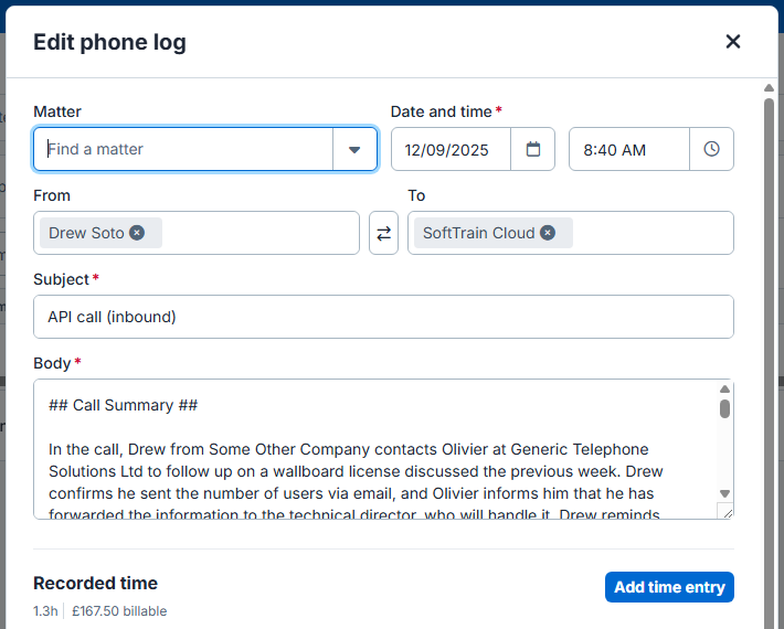 Log call information into Clio