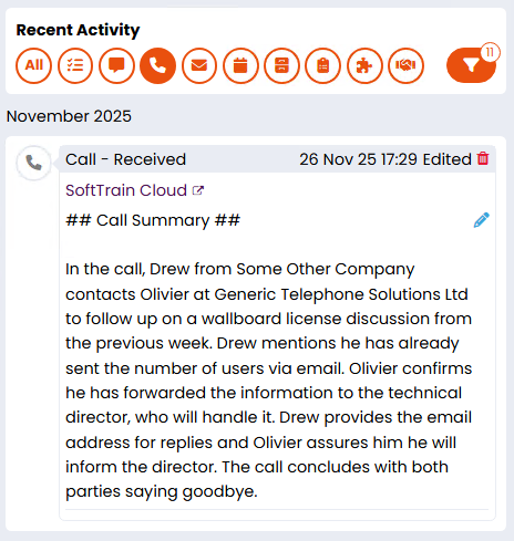 Log call information into Firefish CRM