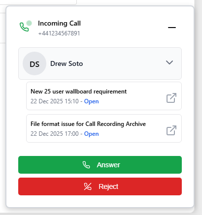 Click to open a recent case/ticket/property for the contact