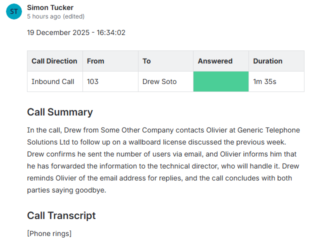 Log call information into Jira