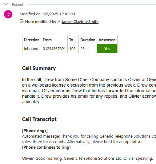 Log calls information into Microsoft Dynamics