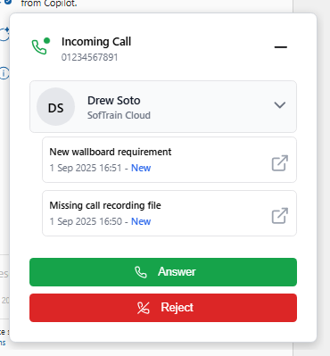 Click to open a recent case/ticket for the contact
