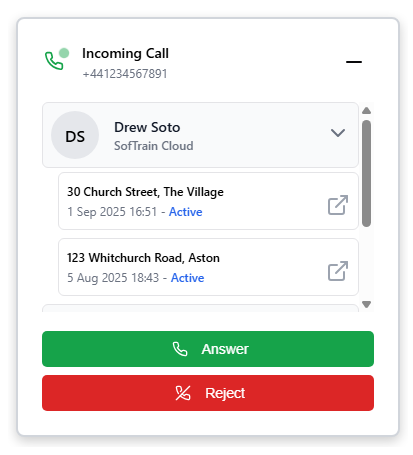 Click to open a recent case/ticket/property for the contact