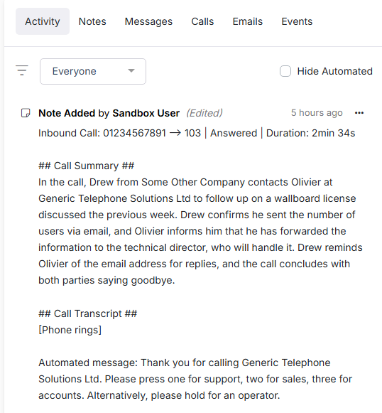 Log call information into Street.co.uk