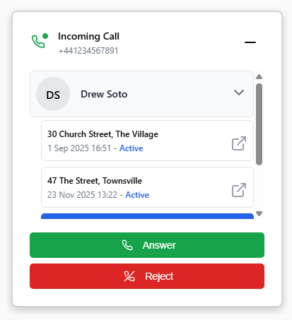 Click to open a recent case/ticket/property for the contact