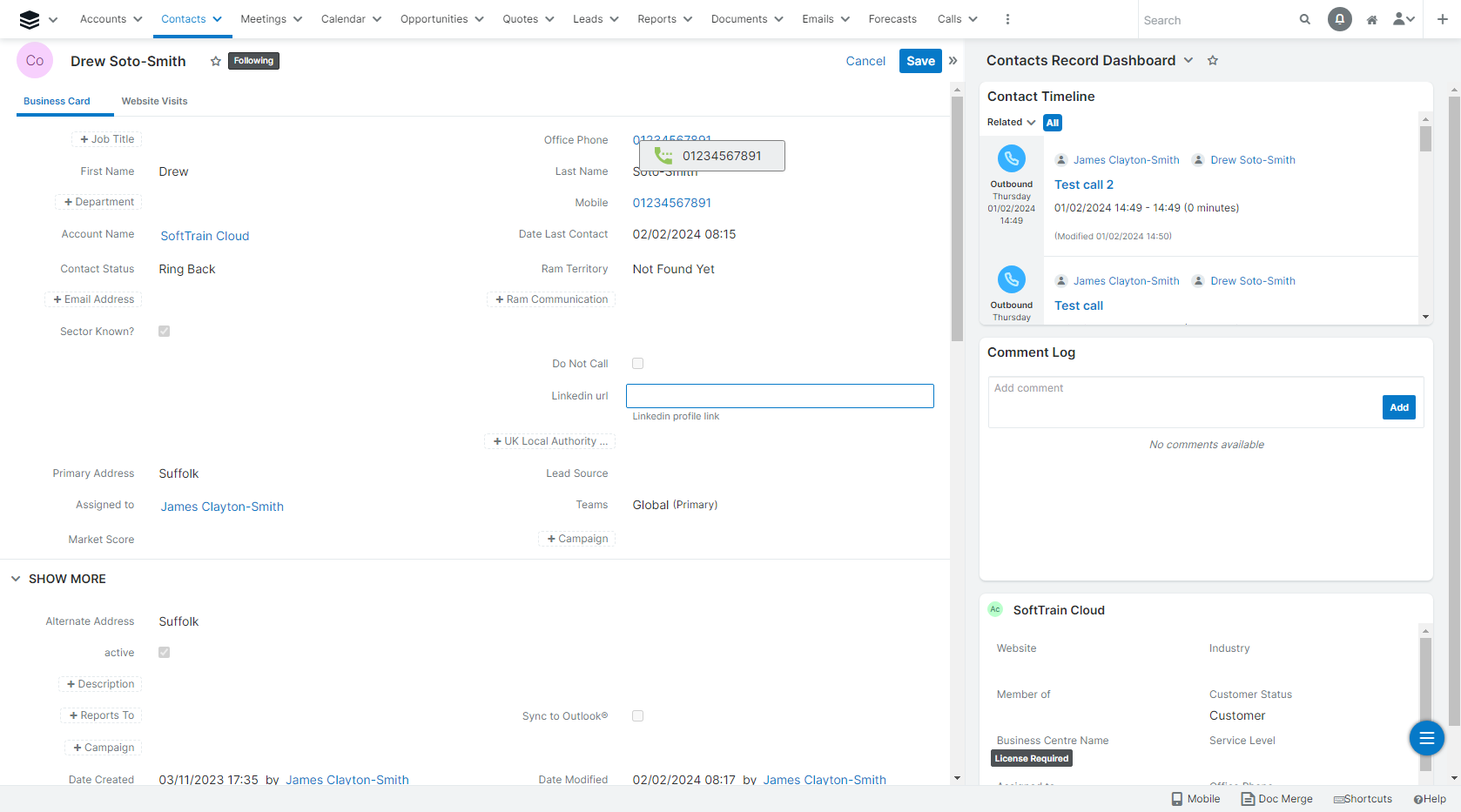 Screenshot of the Click-to-Call feature from Sugar CRM