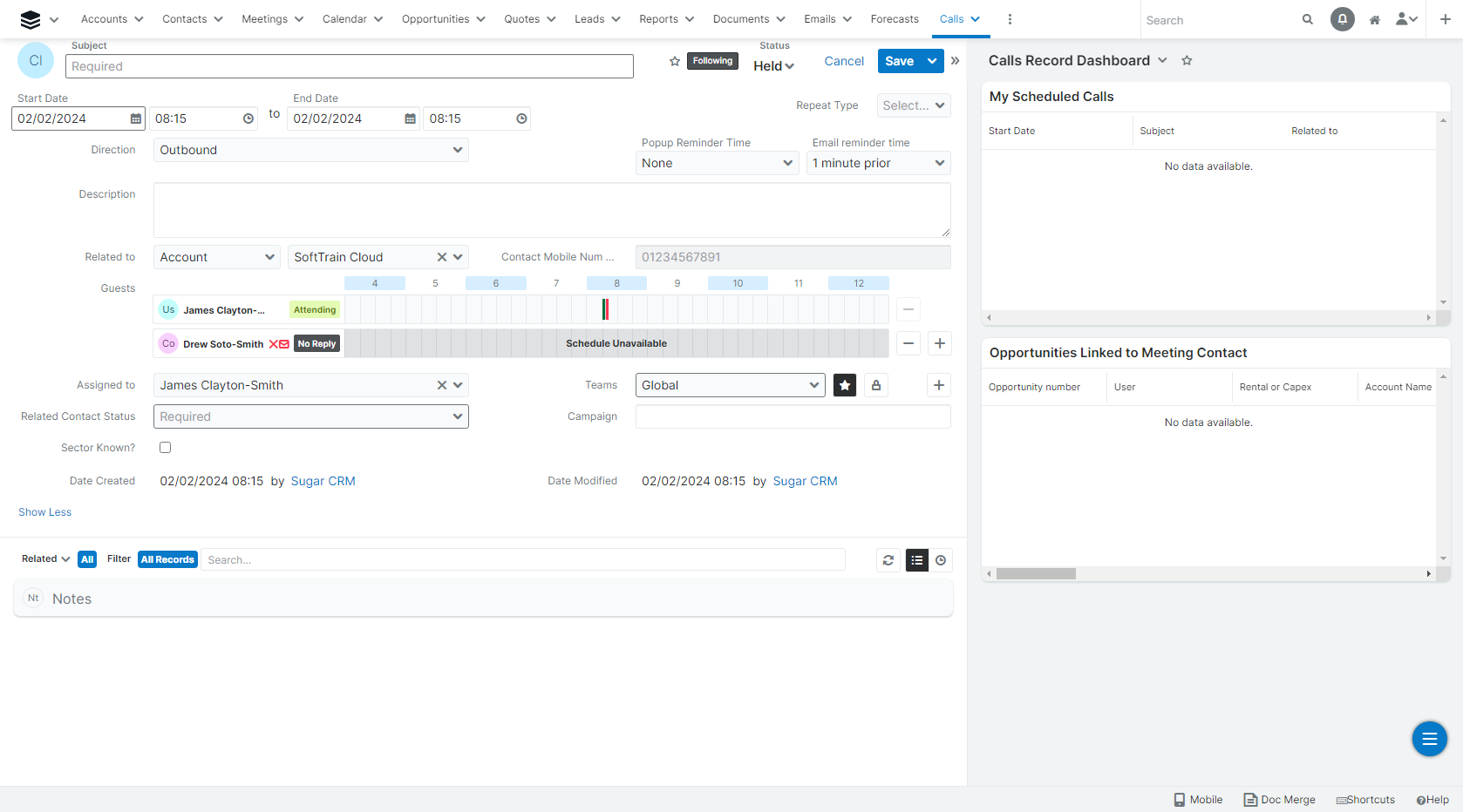 Screenshot of a call logged within Sugar CRM